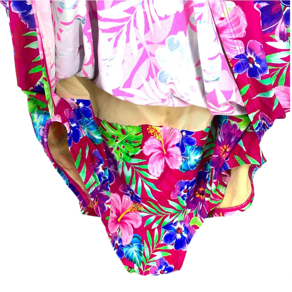 Swimsuits For All Plus Sz 34 Tummy Control Sarong Front Floral 1 Piece Swimsuit